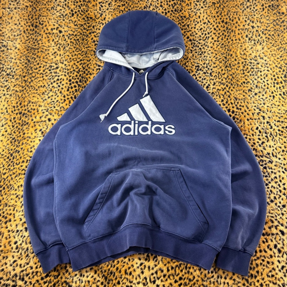 Vintage Adidas Navy Blue Pullover Hoodie Large Embroidered Logo 2000s Mens L